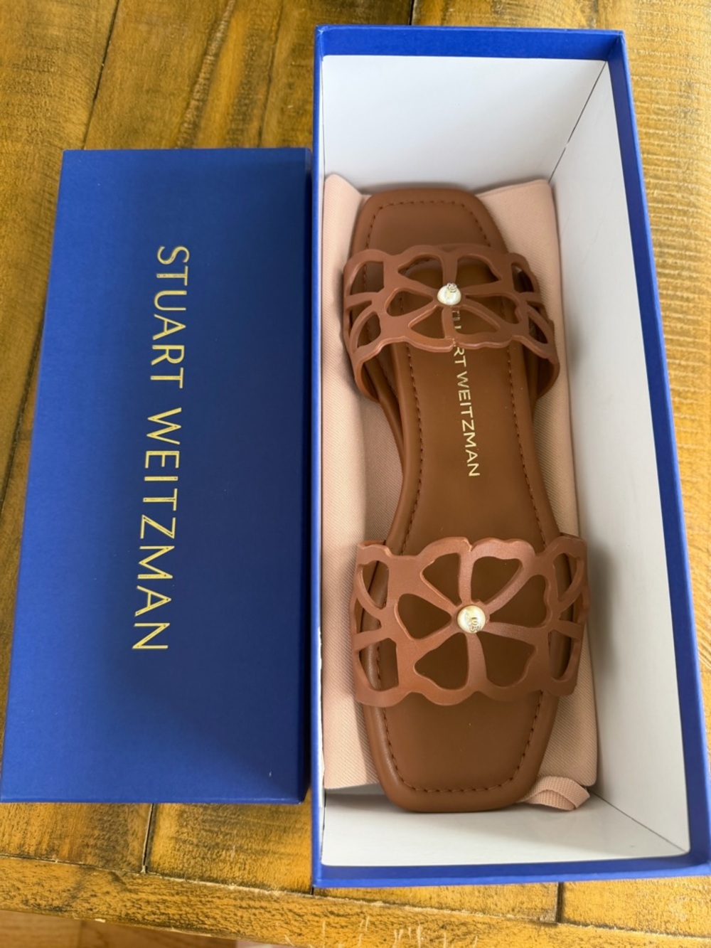 Stuart Weitzman Tan Leather Floral Cutout Slide Sandals Size 6 women